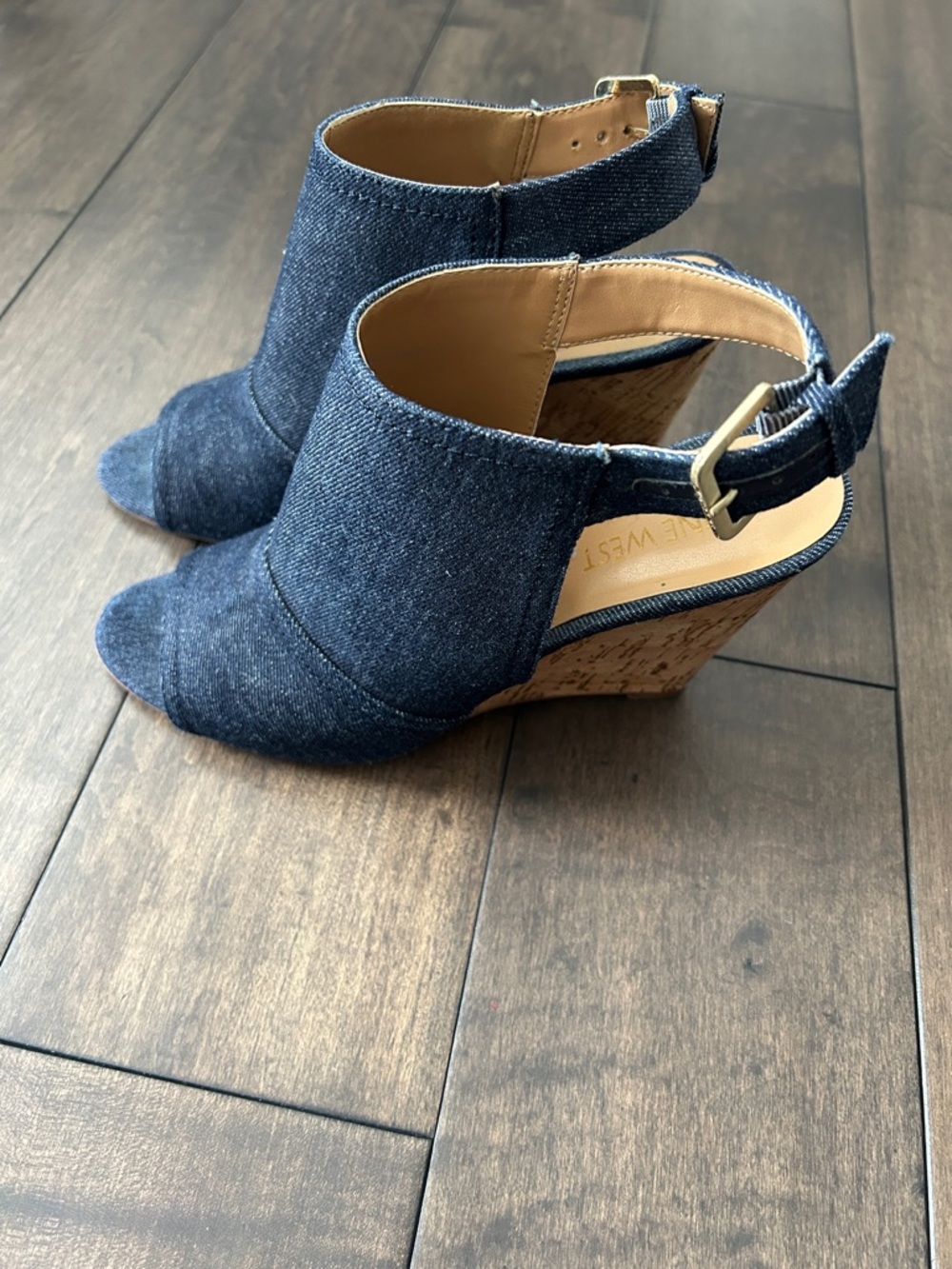 Nine West Denim Patono Peep-Toe Wedge Sandals - Blue Denim